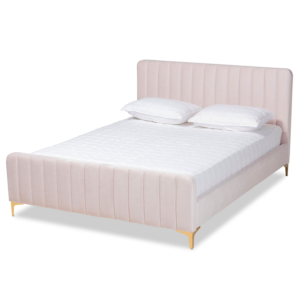 Nami Full Bed Light Pink Velvet Gold Finish Contemporary Glam & Luxe