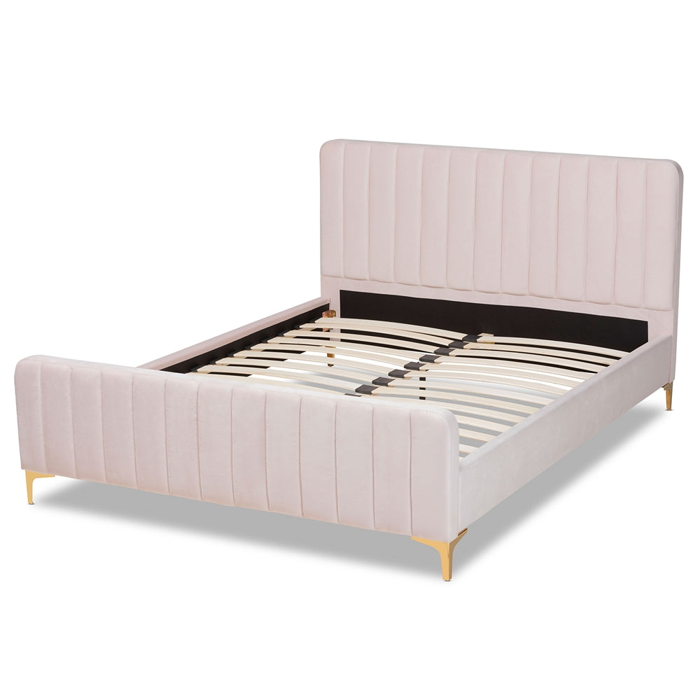 Nami Full Bed Light Pink Velvet Gold Finish Contemporary Glam & Luxe