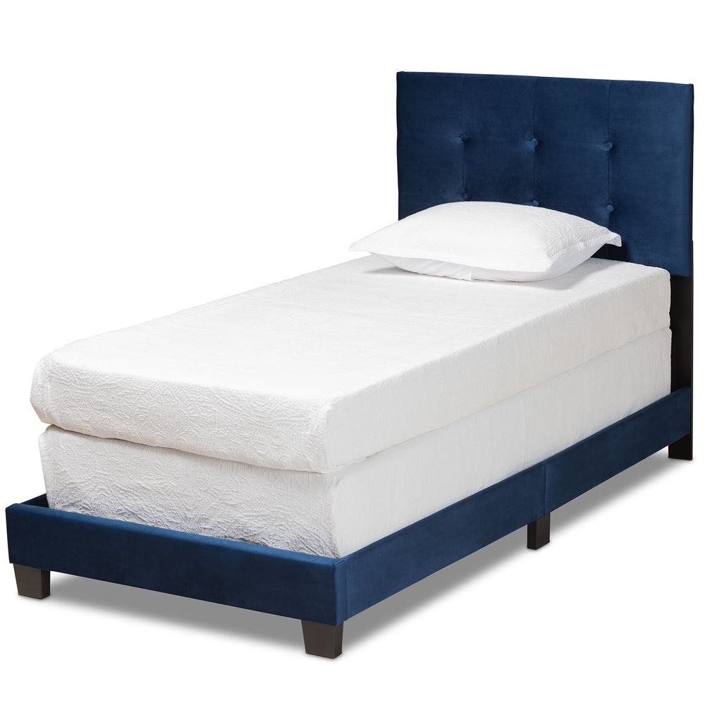 Caprice Glam Navy Blue Velvet Fabric Upholstered Twin Size Panel Bed