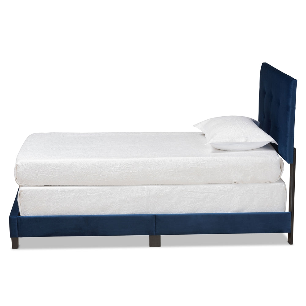 Caprice Glam Navy Blue Velvet Fabric Upholstered Twin Size Panel Bed