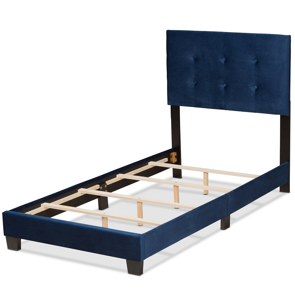 Caprice Glam Navy Blue Velvet Fabric Upholstered Twin Size Panel Bed