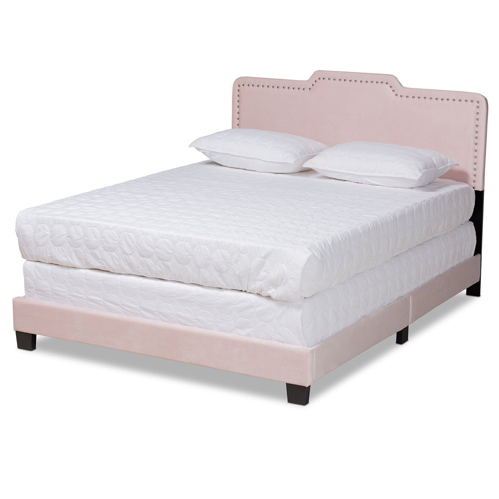 Benjen Glam Light Pink Velvet Fabric Upholstered Full Size Panel Bed