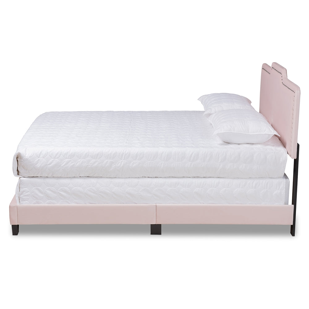 Benjen Glam Light Pink Velvet Fabric Upholstered Full Size Panel Bed