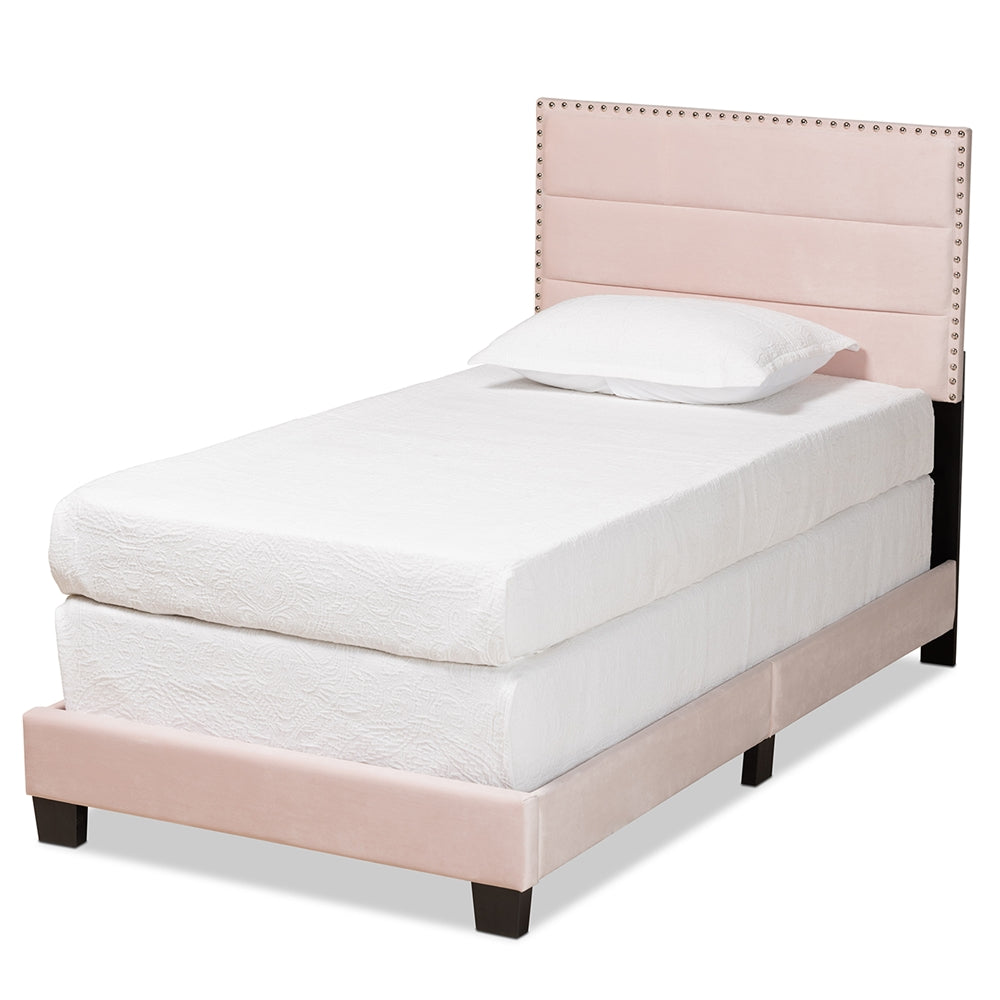 Tamira Glam Light Pink Velvet Fabric Upholstered Twin Size Panel Bed