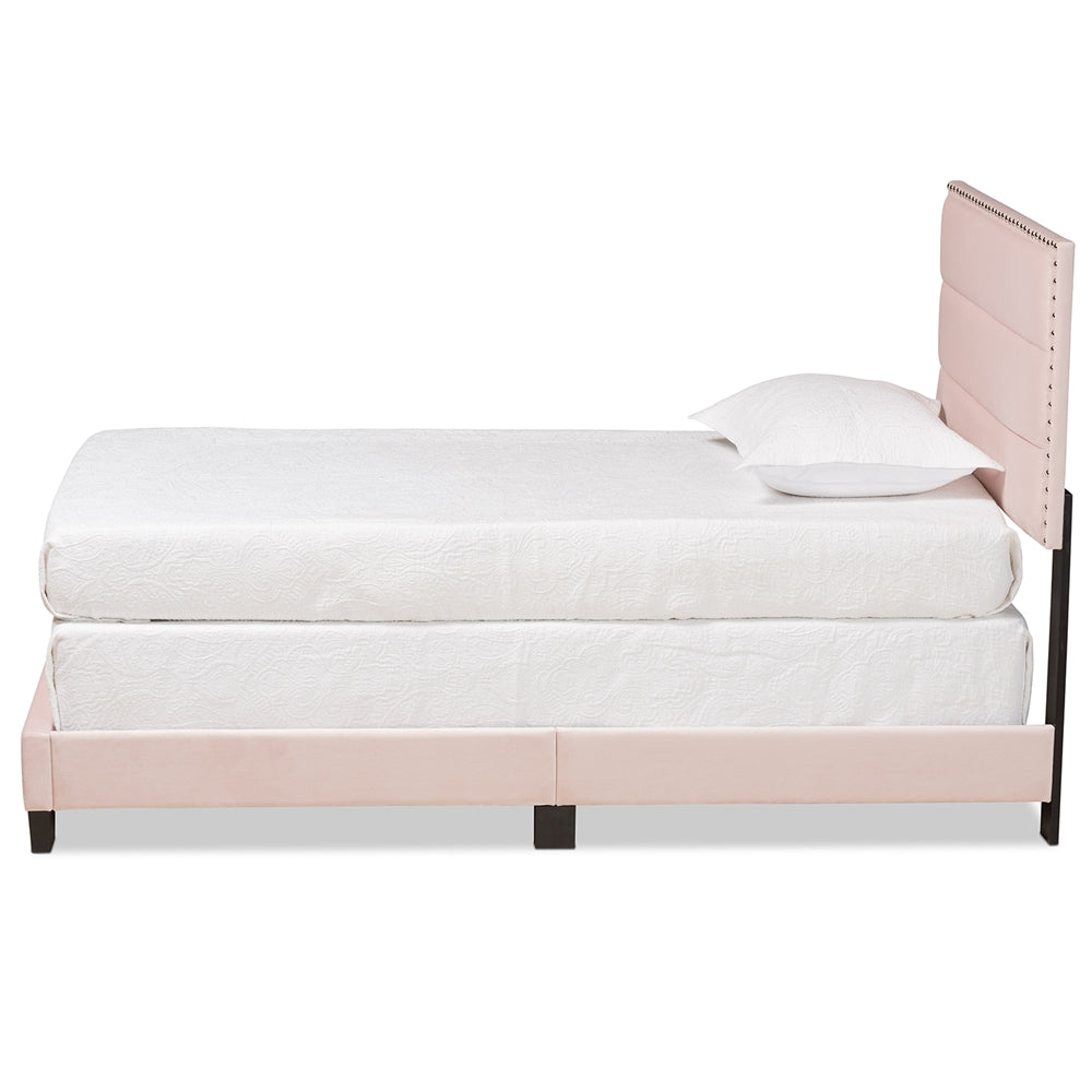 Tamira Glam Light Pink Velvet Fabric Upholstered Twin Size Panel Bed