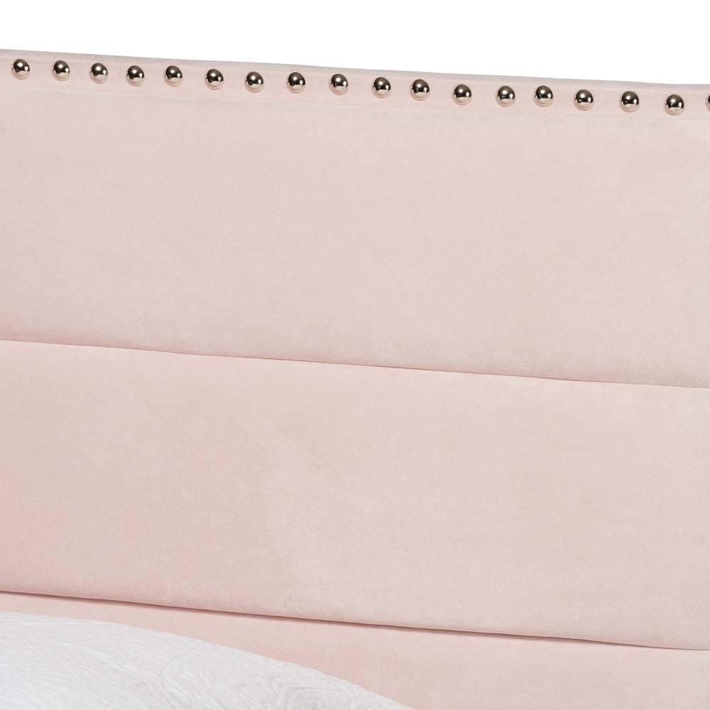 Tamira Glam Light Pink Velvet Fabric Upholstered Twin Size Panel Bed