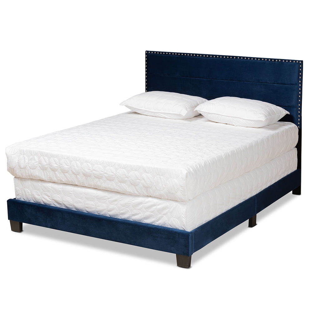 Tamira Glam Navy Blue Velvet Fabric Upholstered Queen Size Panel Bed