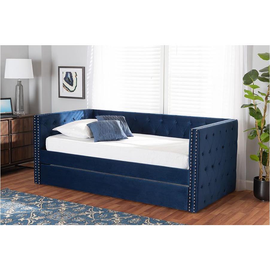 Larkin Navy Blue Velvet Fabric Upholstered Twin Size Daybed with Trundle