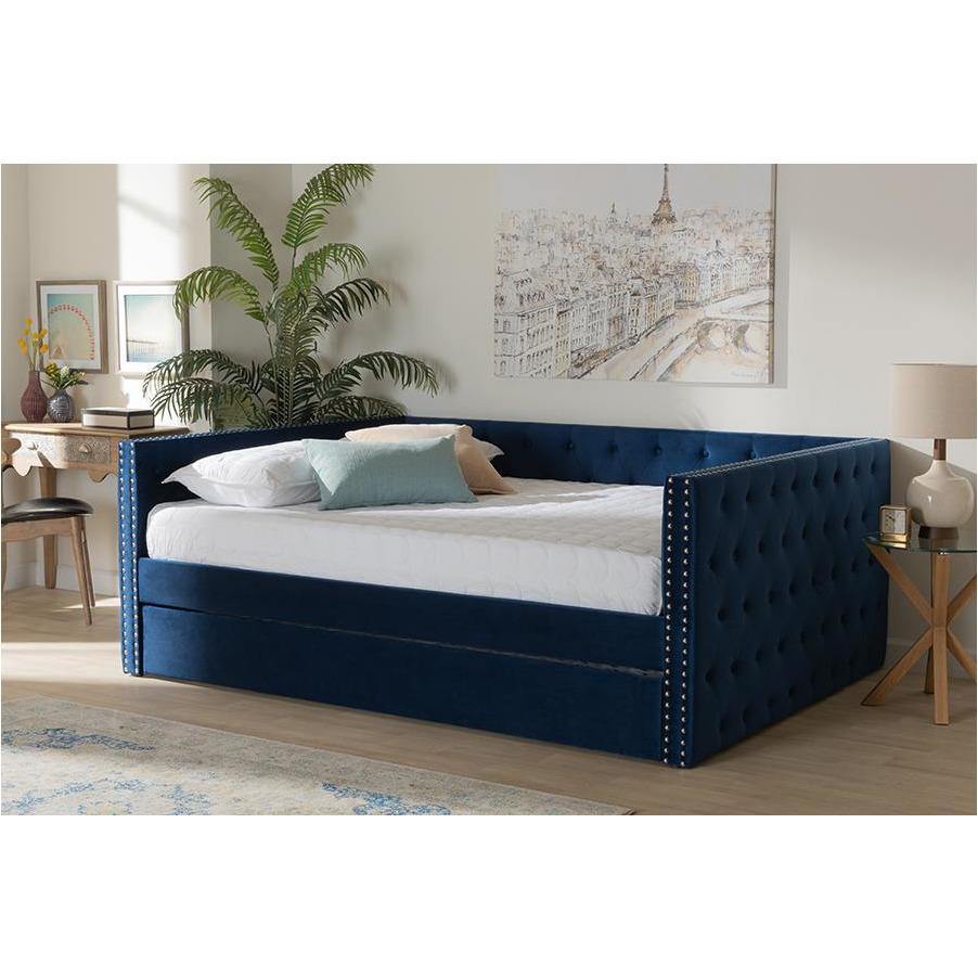 Larkin Navy Blue Velvet Fabric Upholstered Queen Size Daybed with Trundle