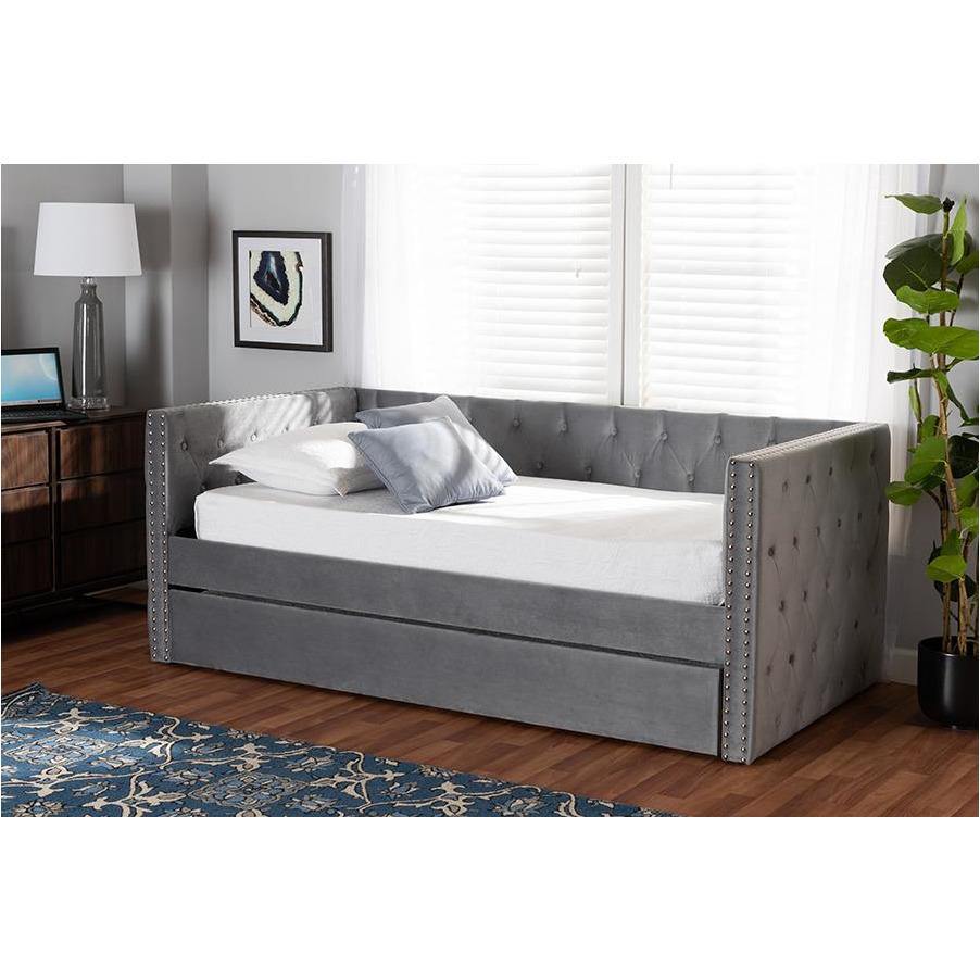 Larkin Grey Velvet Fabric Upholstered Twin Size Daybed with Trundle