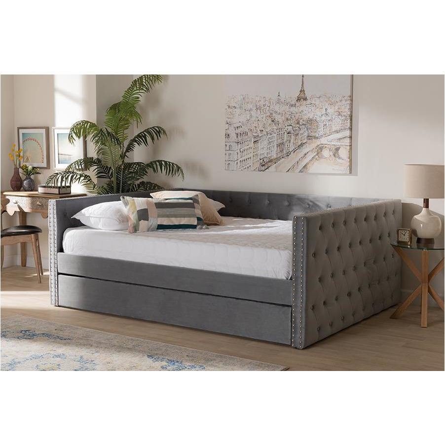 Larkin Grey Velvet Fabric Upholstered Full Size Daybed with Trundle