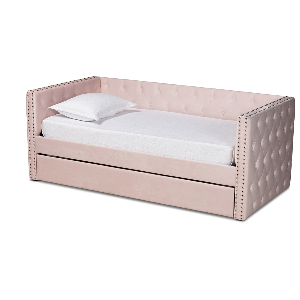 Larkin Pink Velvet Fabric Upholstered Twin Size Daybed with Trundle
