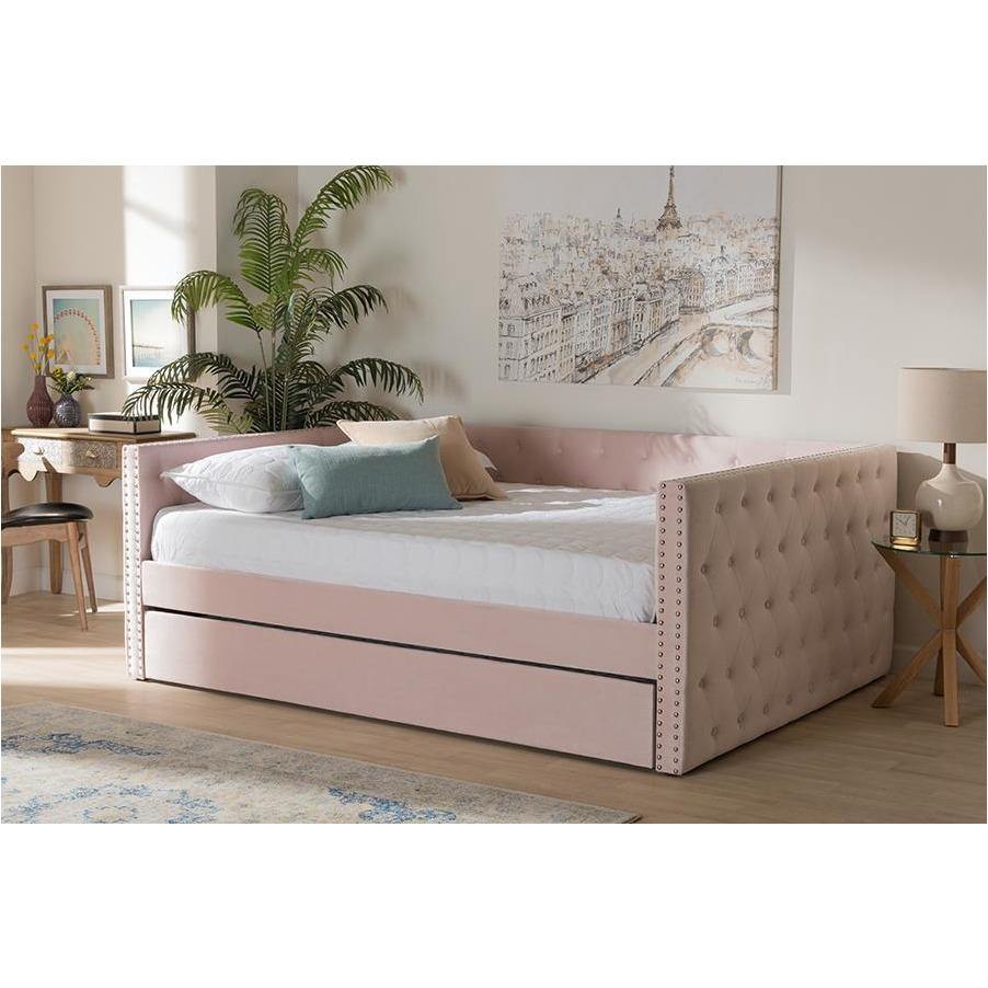 Larkin Pink Velvet Fabric Upholstered Full Size Daybed with Trundle