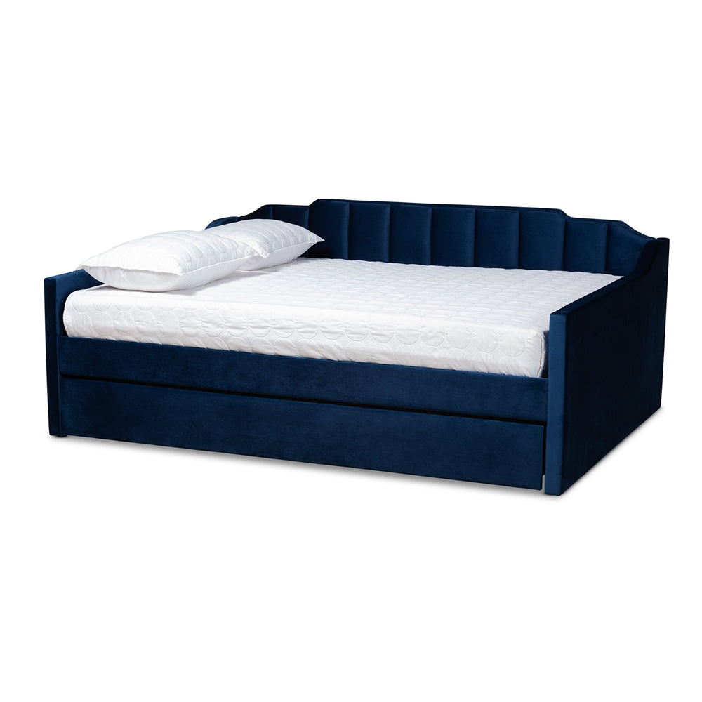 Lennon Navy Blue Velvet Fabric Upholstered Queen Size Daybed With Trundle