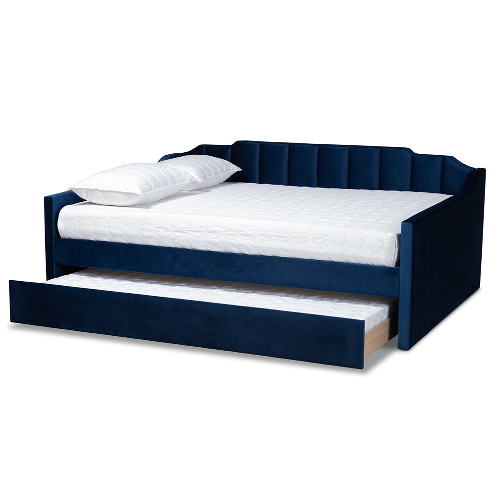 Lennon Navy Blue Velvet Fabric Upholstered Full Size Daybed with Trundle