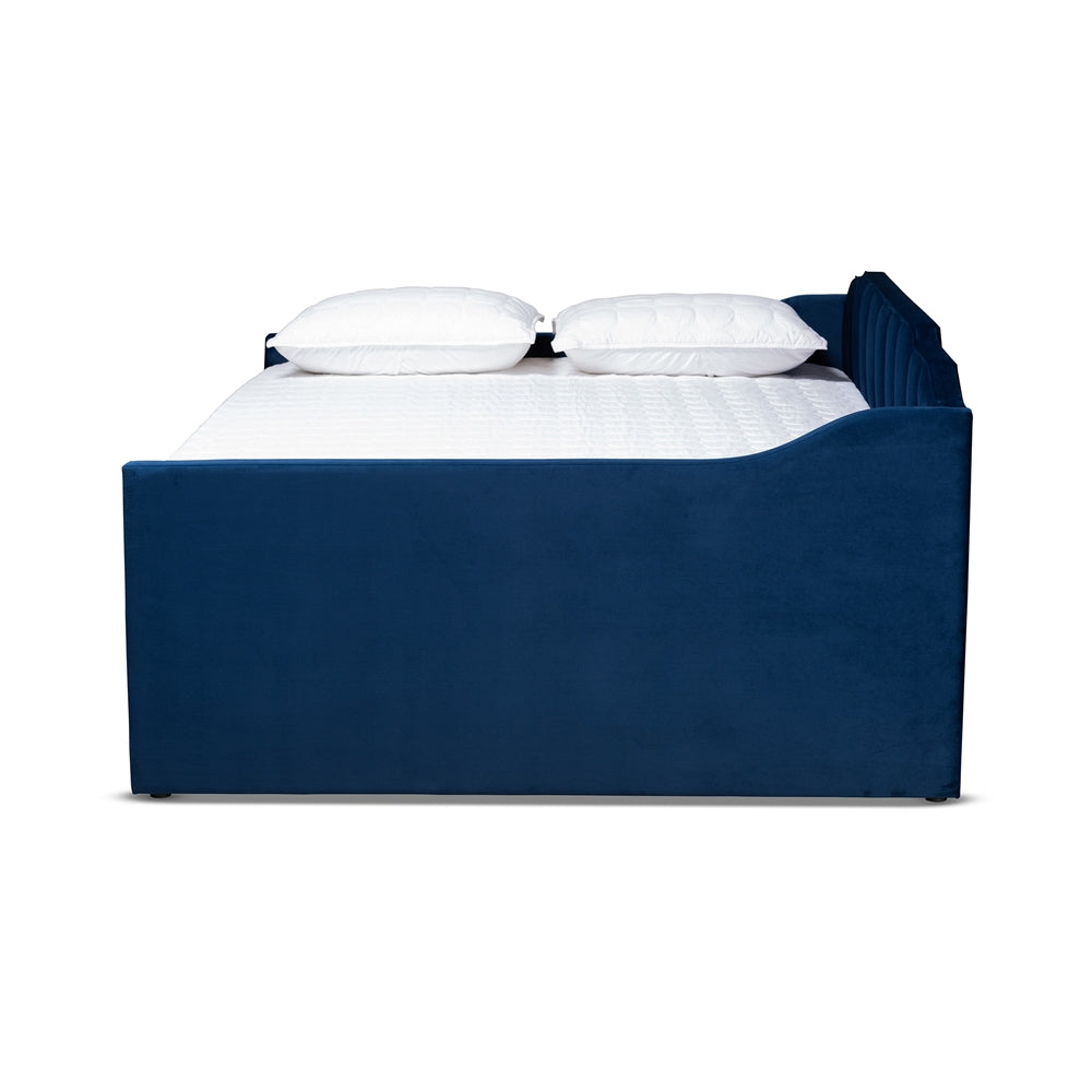 Lennon Navy Blue Velvet Fabric Upholstered Queen Size Daybed With Trundle