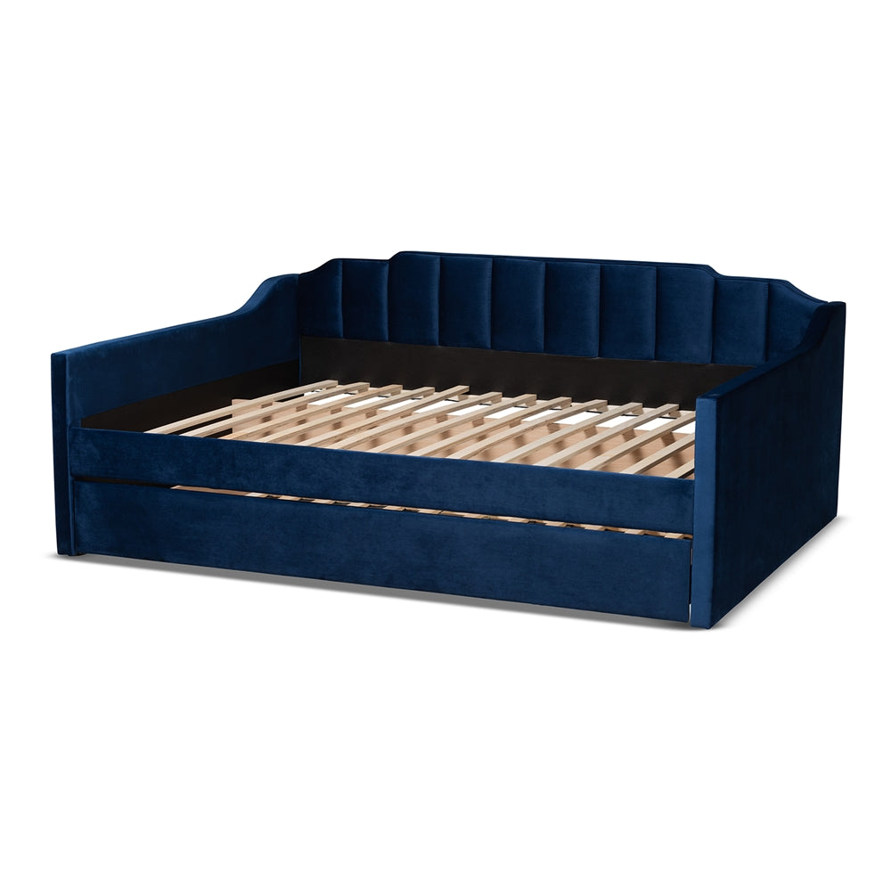 Lennon Navy Blue Velvet Fabric Upholstered Queen Size Daybed With Trundle