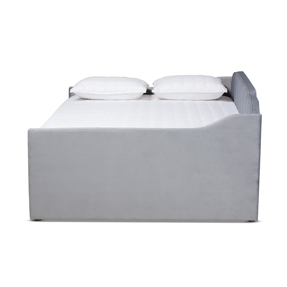 Lennon Grey Velvet Fabric Upholstered Full Size Daybed With Trundle