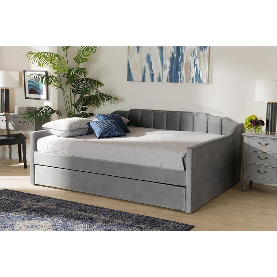 Lennon Grey Velvet Fabric Upholstered Full Size Daybed With Trundle