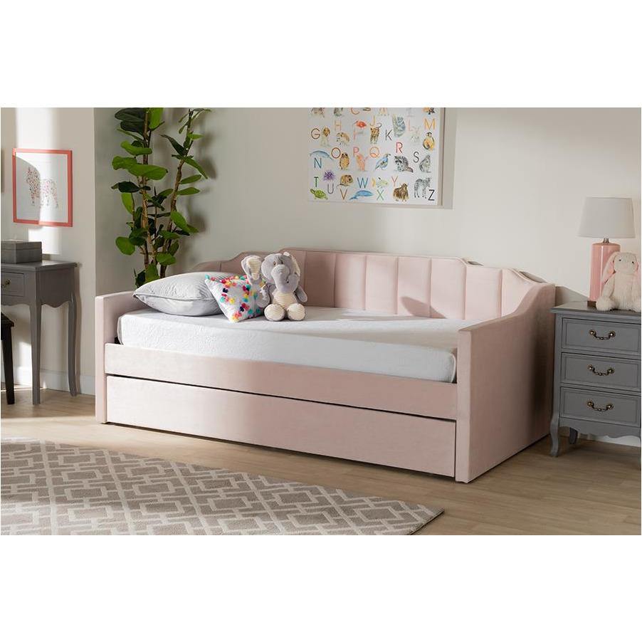 Lennon Pink Velvet Fabric Upholstered Twin Size Daybed with Trundle