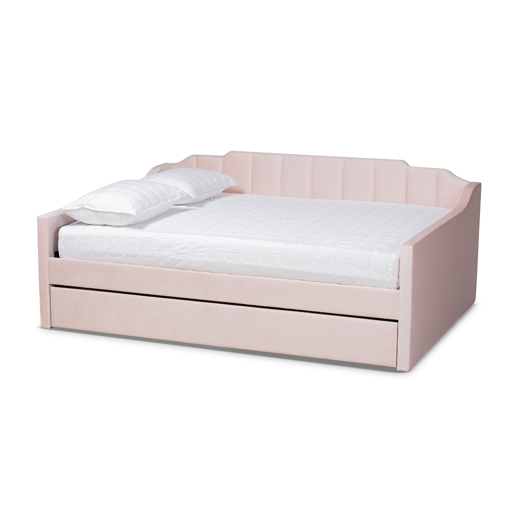 Lennon Pink Velvet Fabric Upholstered Twin Size Daybed with Trundle
