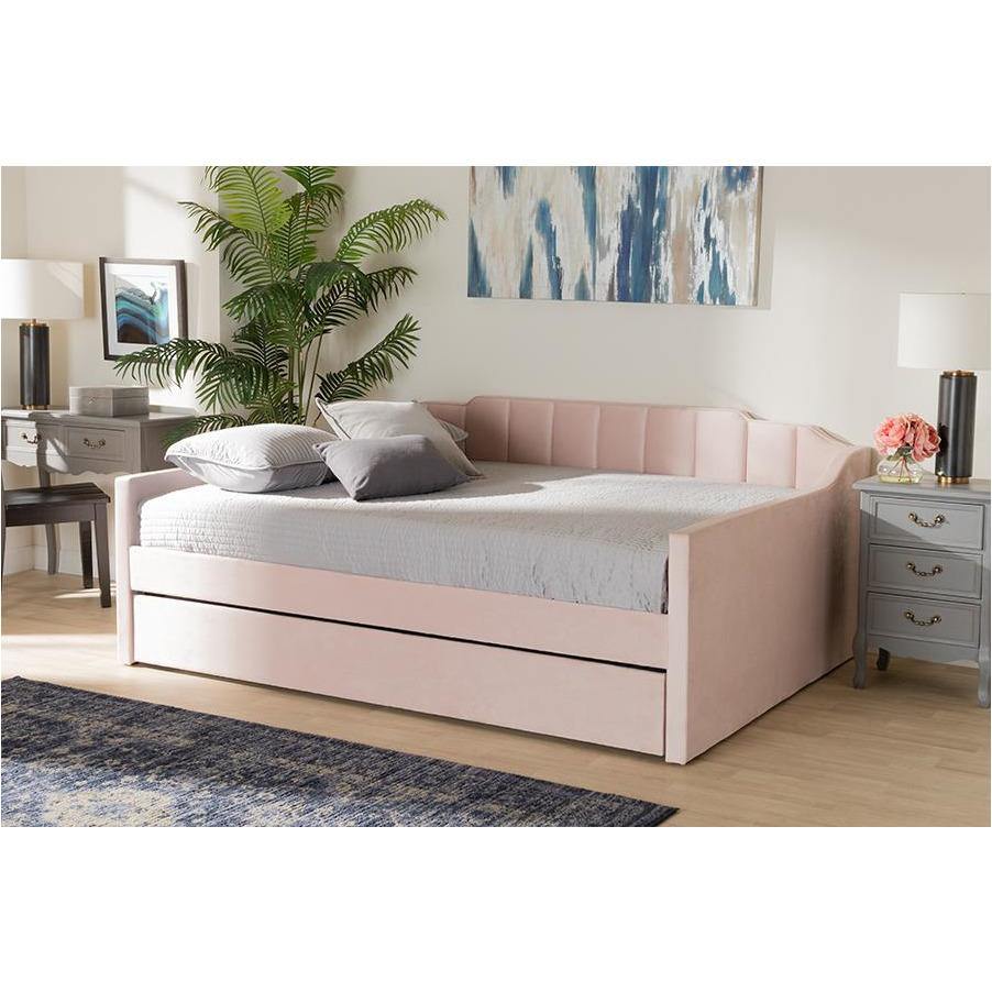 Lennon Pink Velvet Fabric Upholstered Queen Size Daybed with Trundle