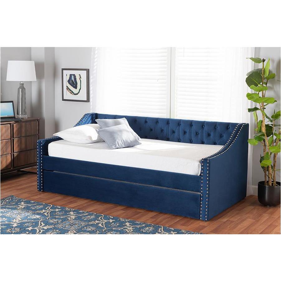 Raphael Navy Blue Velvet Fabric Upholstered Twin Size Daybed with Trundle