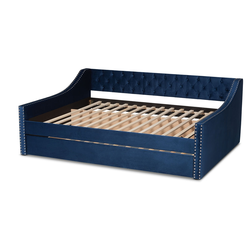 Raphael Navy Blue Velvet Fabric Upholstered Queen Size Daybed with Trundle