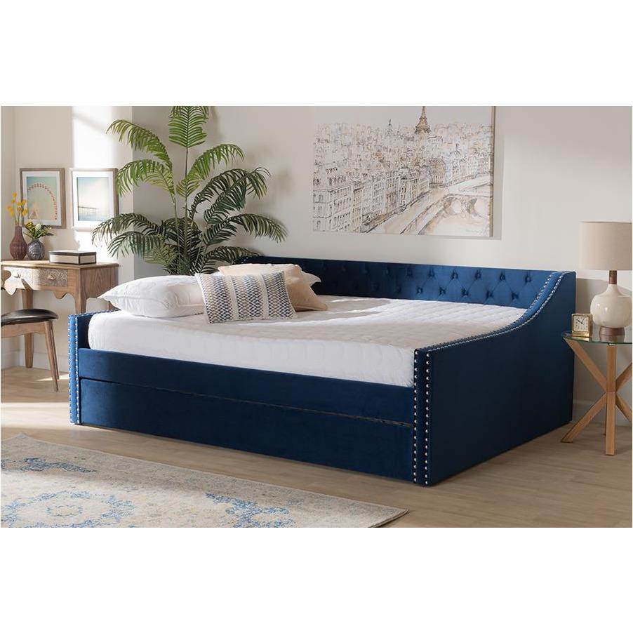 Raphael Navy Blue Velvet Fabric Upholstered Full Size Daybed with Trundle