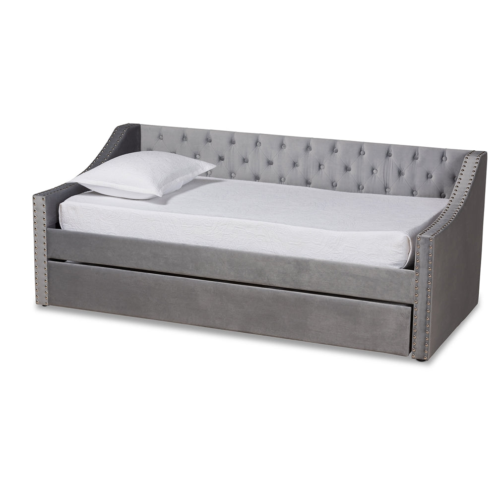 Raphael Grey Velvet Fabric Upholstered Twin Size Daybed with Trundle