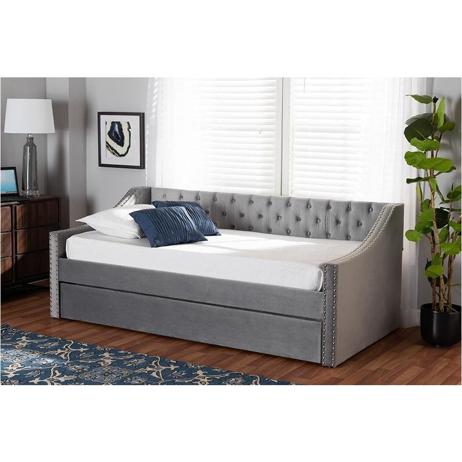 Raphael Grey Velvet Fabric Upholstered Twin Size Daybed with Trundle