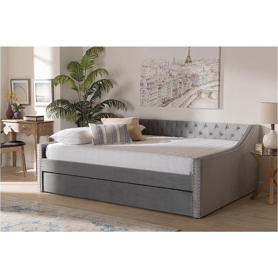 Raphael Grey Velvet Fabric Upholstered Full Size Daybed with Trundle