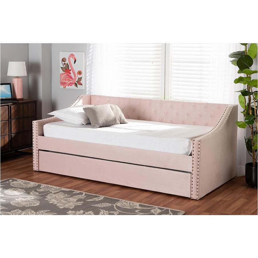 Raphael Pink Velvet Fabric Upholstered Twin Size Daybed with Trundle