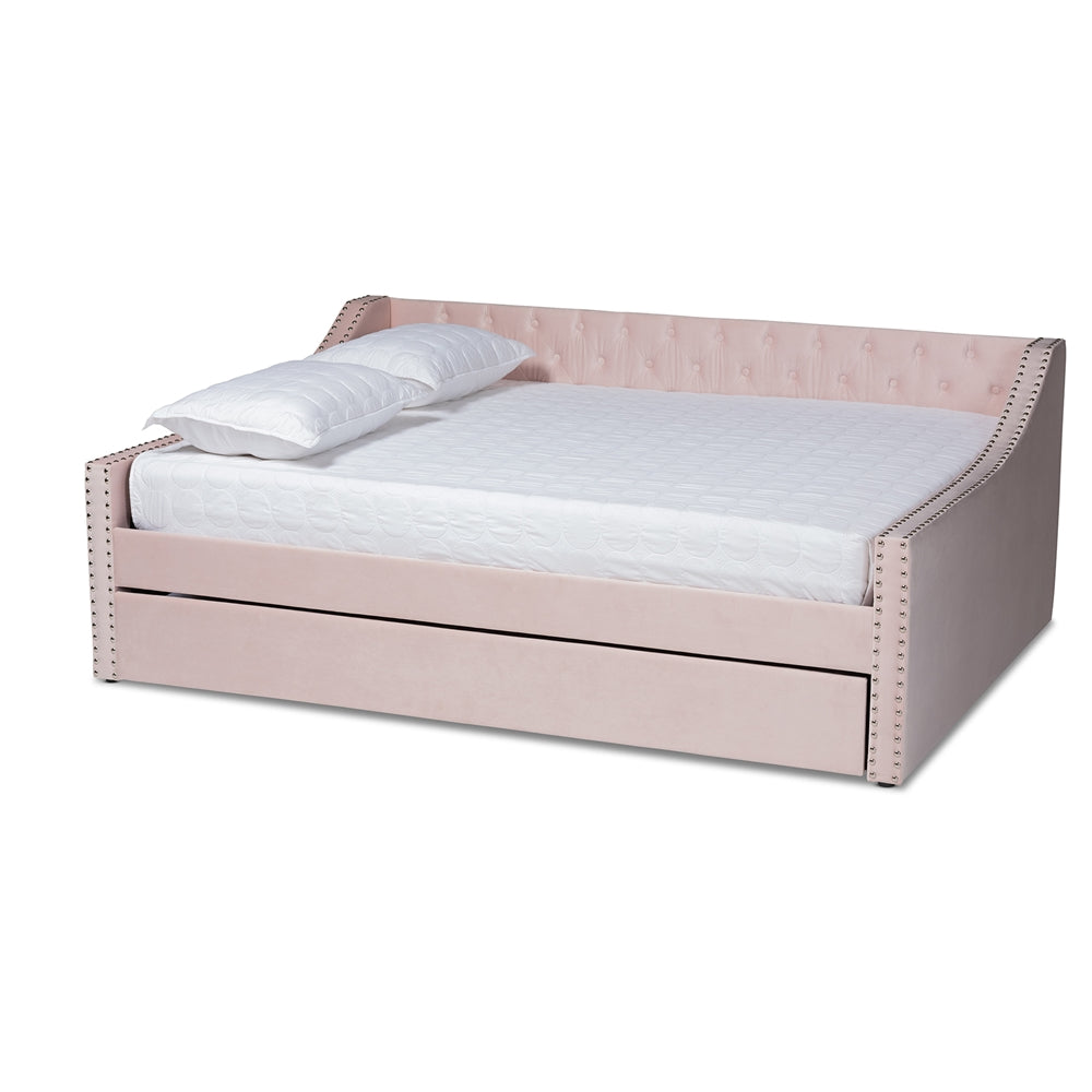 Raphael Pink Velvet Fabric Upholstered Full Size Daybed with Trundle