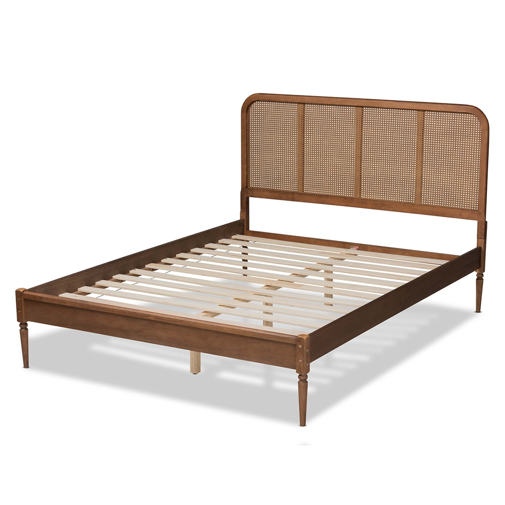 Elston Walnut Brown Finished Wood and Synthetic Rattan King Size Bed