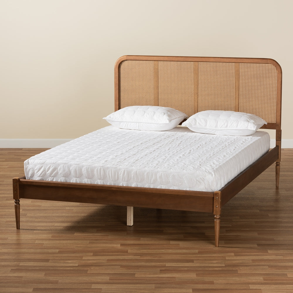 Elston Walnut Brown Finished Wood and Synthetic Rattan King Size Bed