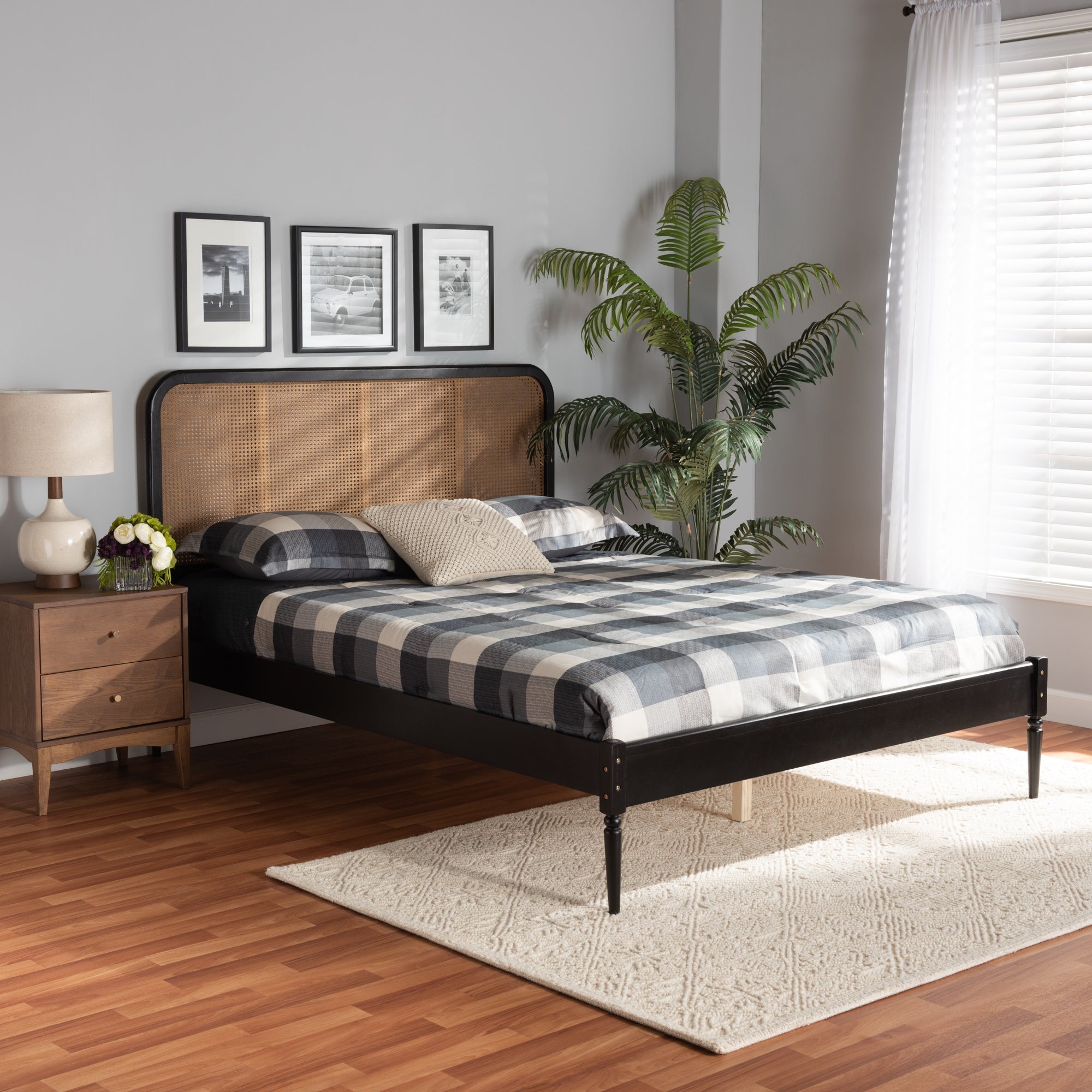 Elston Charcoal Finished Wood and Synthetic Rattan Queen Size Bed