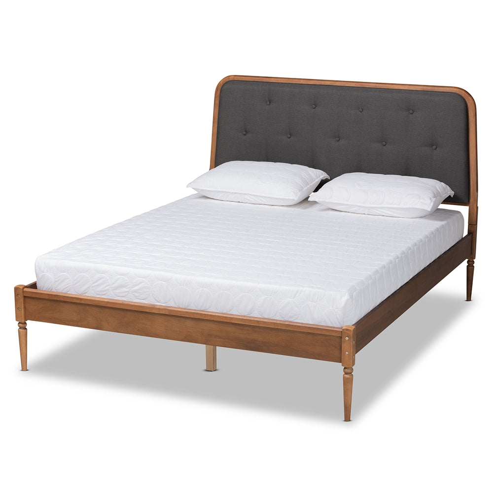 Diantha Dark Grey Fabric and Walnut Brown Finished Wood King Size Bed