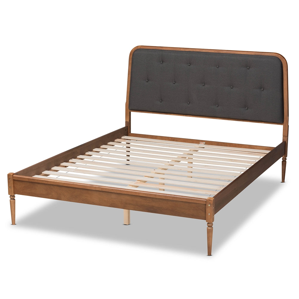 Diantha Dark Grey Fabric and Walnut Brown Finished Wood King Size Bed