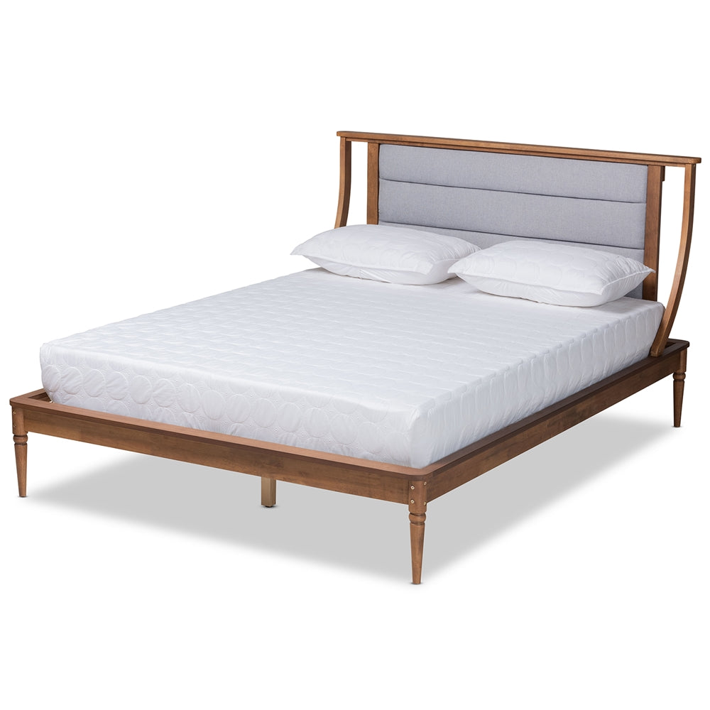 Regis Light Grey Fabric and Walnut Brown Finished Wood King Size Bed