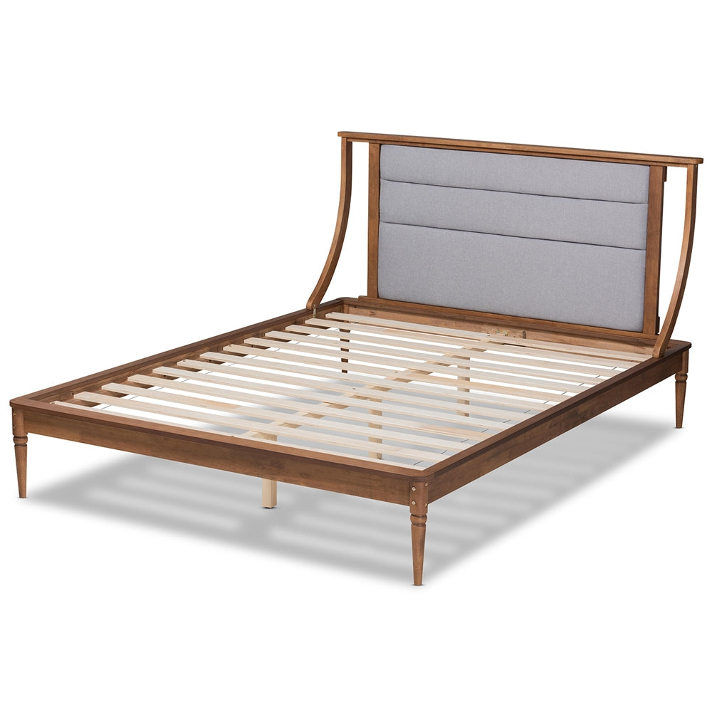 Regis Light Grey Fabric and Walnut Brown Finished Wood King Size Bed