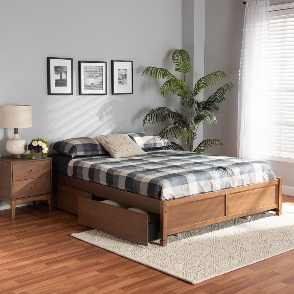 Yara Walnut Brown Finished Wood Queen Size 4-Drawer Storage Bed Frame