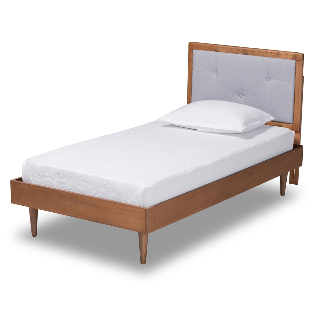 Saul Light Grey Fabric and Walnut Brown Finished Wood Twin Size Bed