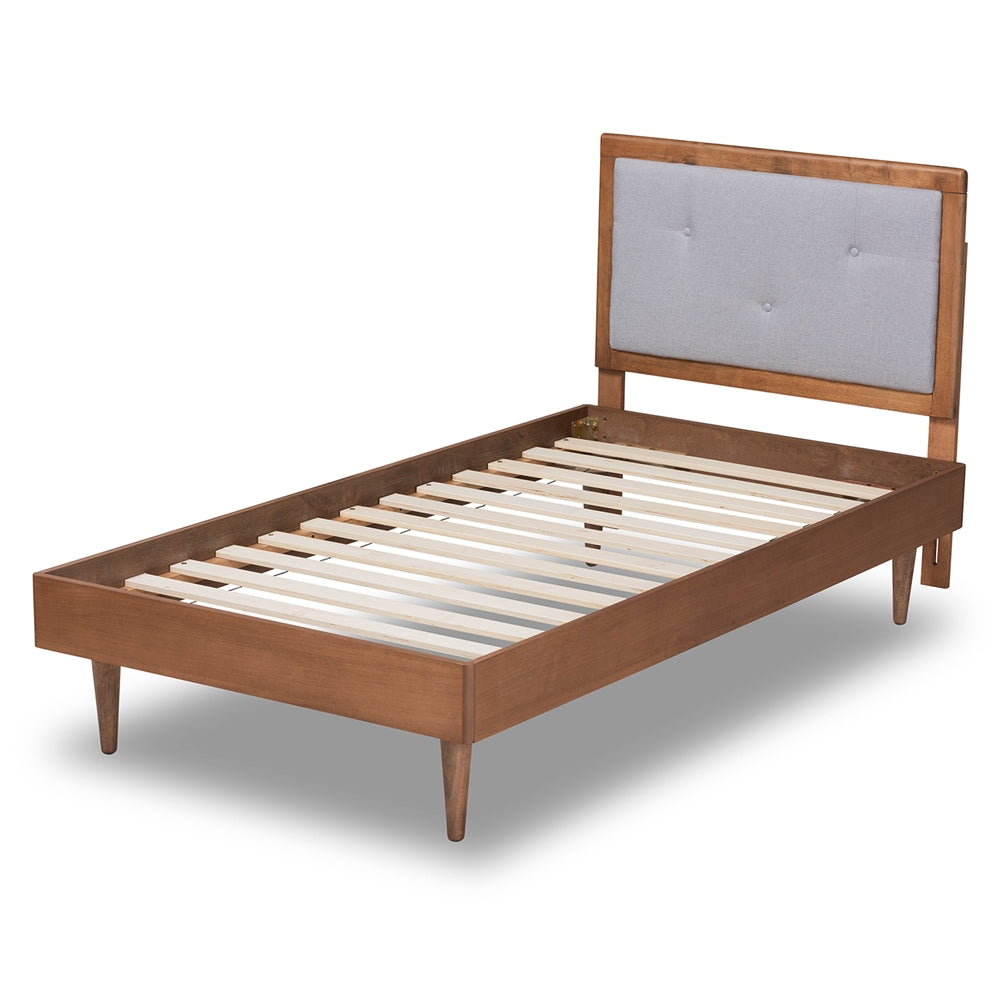 Saul Light Grey Fabric and Walnut Brown Finished Wood Twin Size Bed