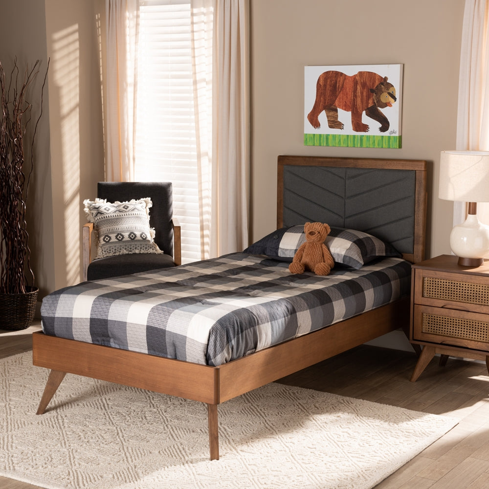 Roze Dark Grey Fabric and Walnut brown Finished Wood Twin Size Bed