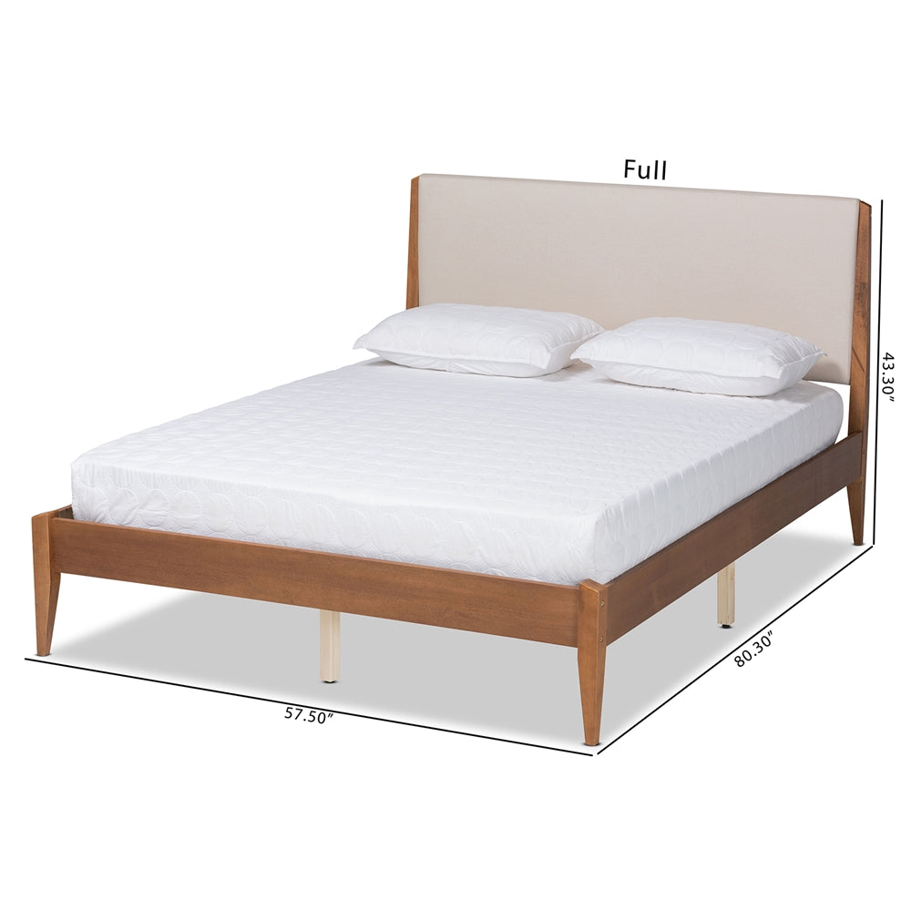 Beige Fabric And Walnut Brown Finished Wood Full Size Platform Bed