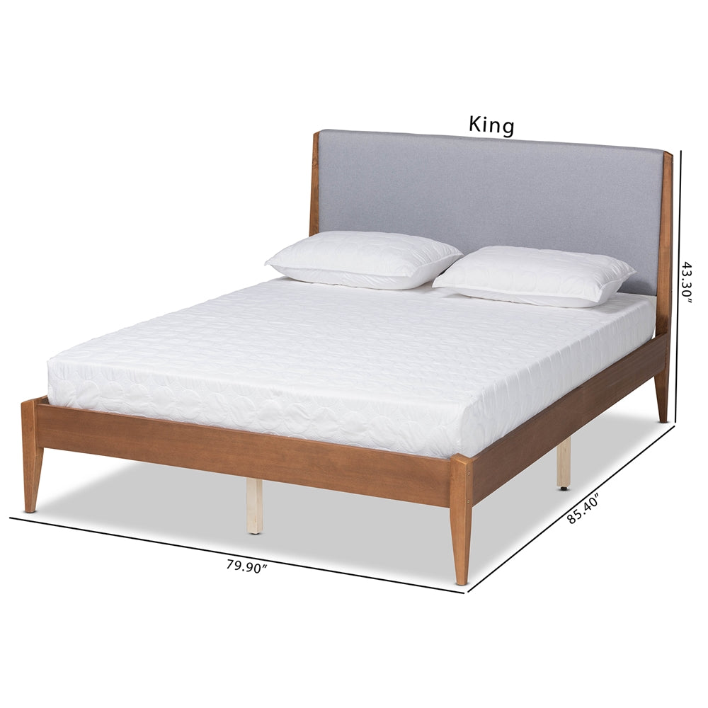 Grey Fabric and Walnut Brown Finished Wood King Size Platform Bed