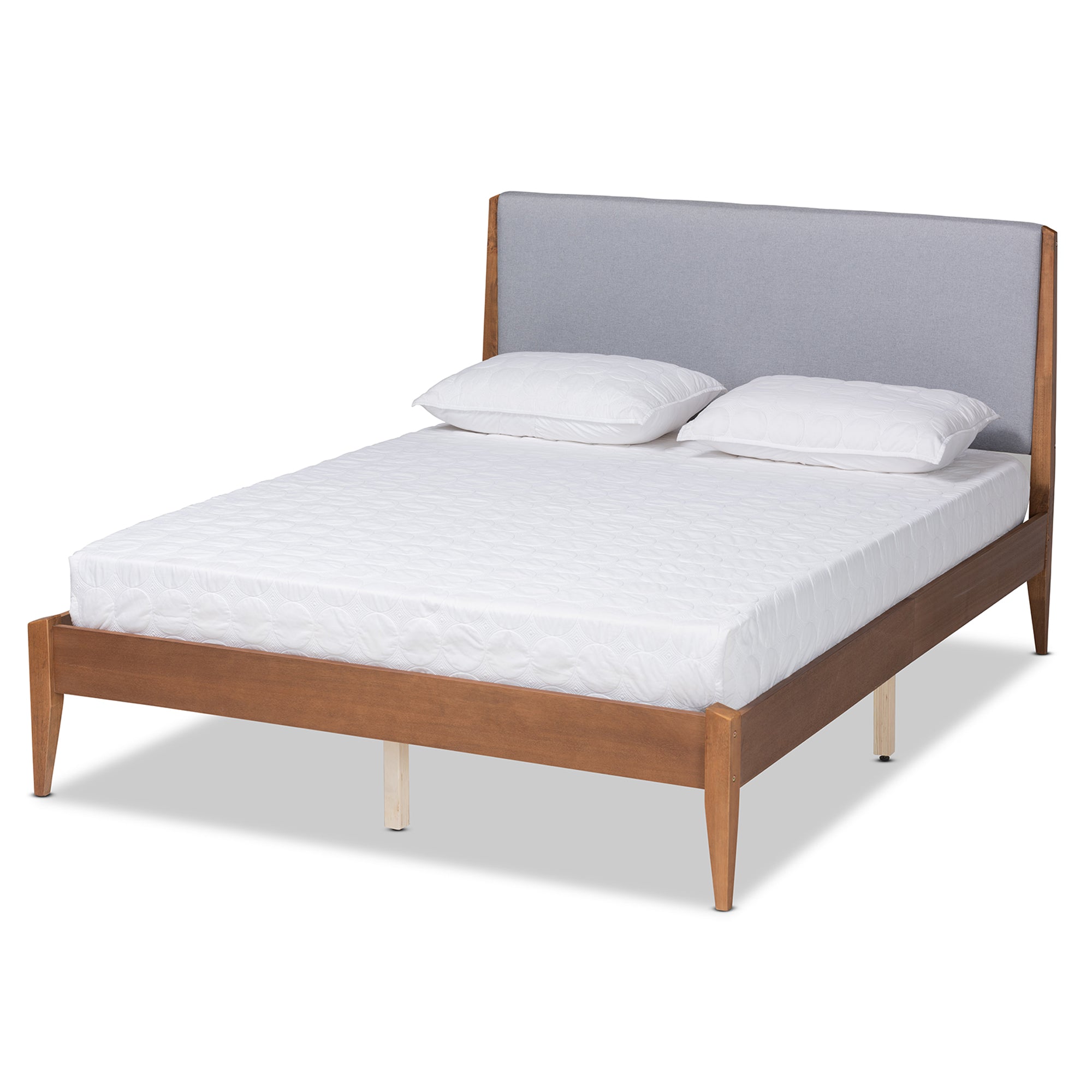 Grey Fabric and Walnut Brown Finished Wood King Size Platform Bed