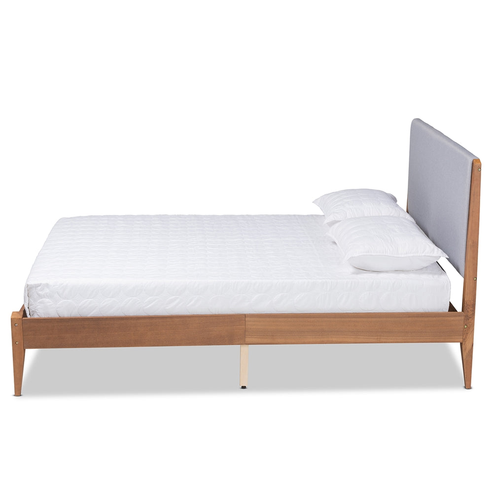 Grey Fabric and Walnut Brown Finished Wood King Size Platform Bed