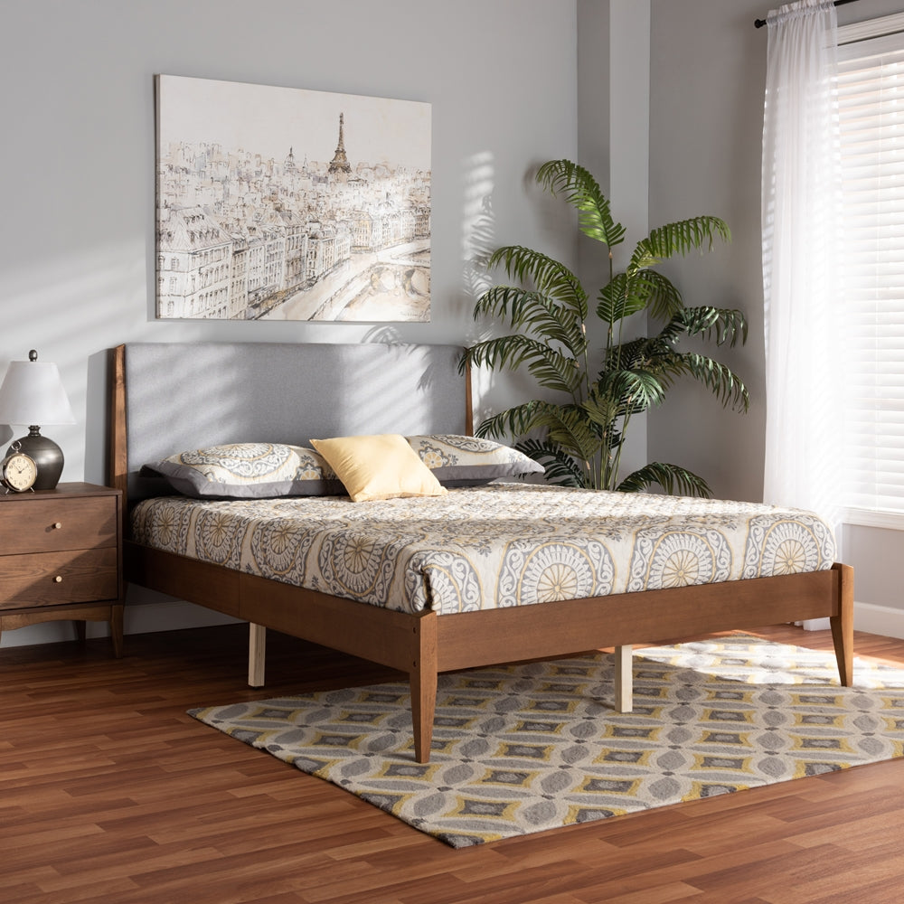 Grey Fabric and Walnut Brown Finished Wood King Size Platform Bed